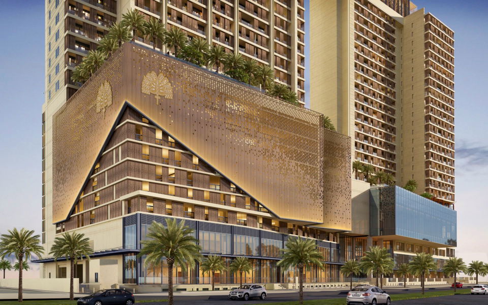 Architectural rendering of Raffles Jeddah exterior, showing a golden latticed mid-rise podium and two tall residential towers lined with palm trees along the Corniche.