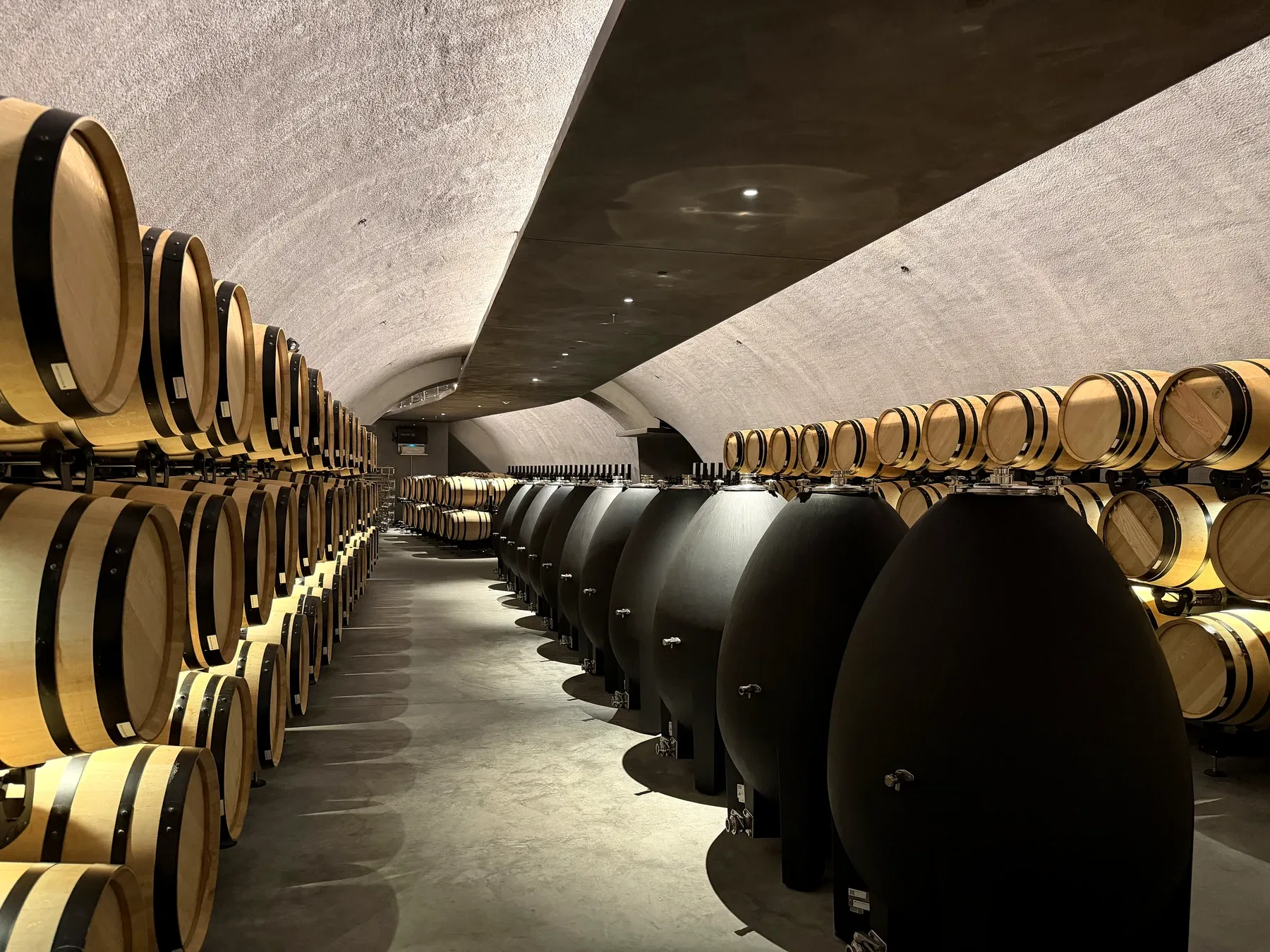 French oak barrels and black concrete eggs in the Realm Houyi cave