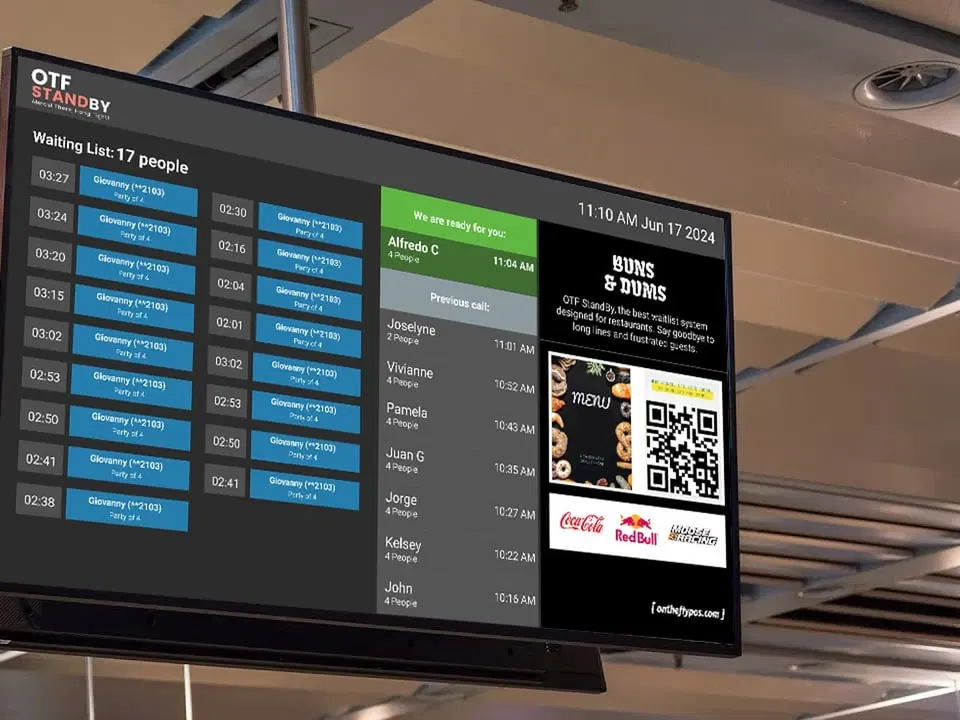Digital display showing restaurant waitlist and menu options.