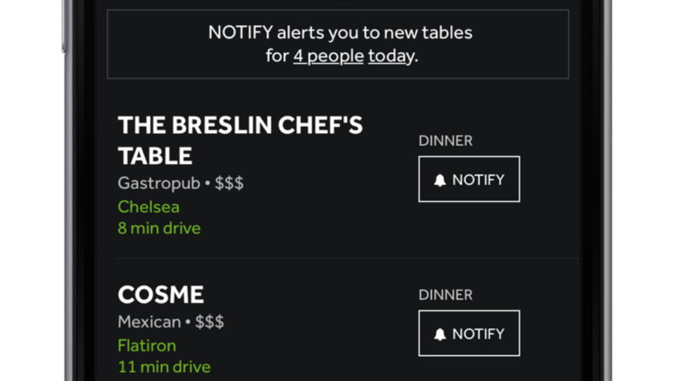 Smartphone screen displaying Resy Notify interface showing available dinner tables at The Breslin Chef's Table and Cosme with notification buttons; so.
