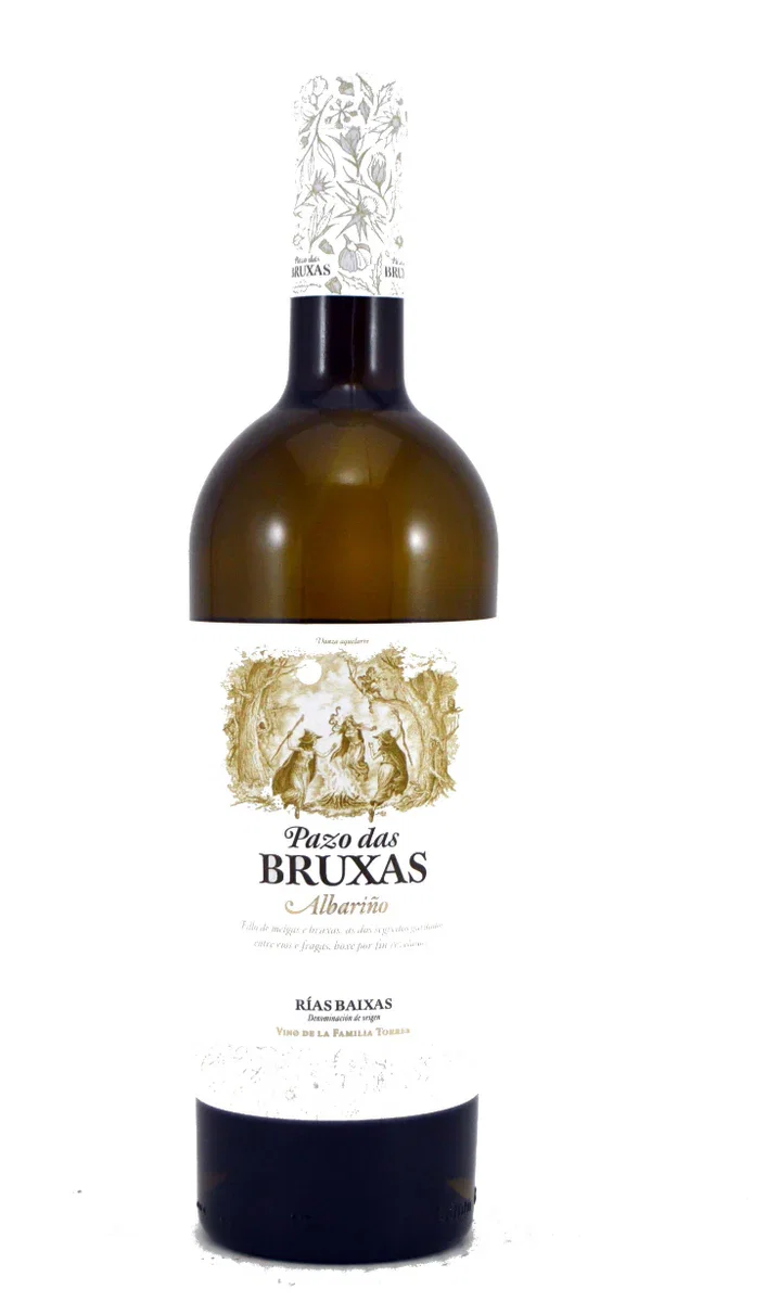 Pazo das Bruxas Albariño 2024 (Rías Baixas) features a detailed label depicting figures dancing under a full moon.