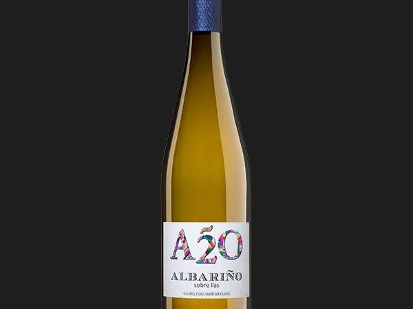 A bottle of Bodegas Castro Martin A2O Albariño, featuring a white label with 'A2O' in colorful, abstract lettering and 'ALBARIÑO sobre lías' below.
