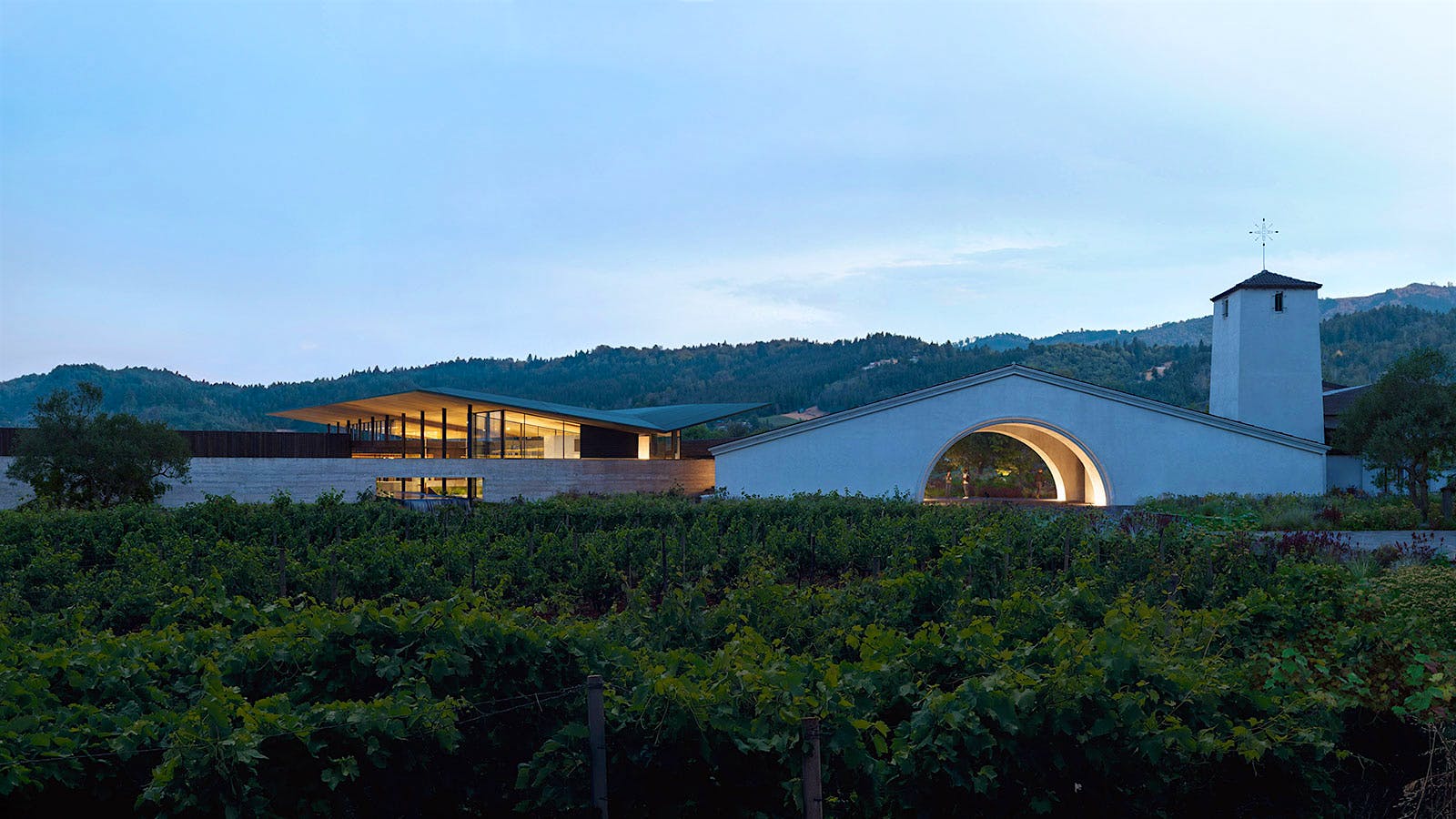 Robert Mondavi Winery: Cliff May's 1966 vision, renewed, at twilight amidst the vineyards.