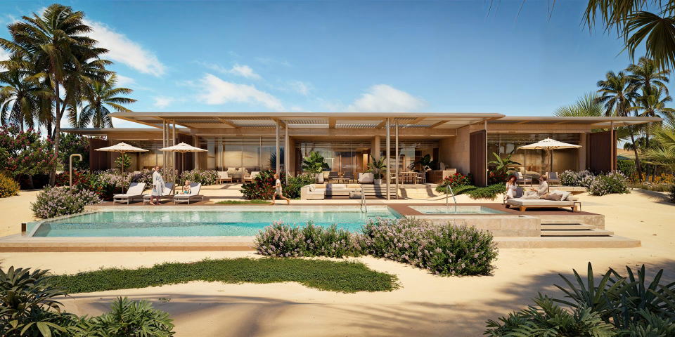 Modern luxury resort villa with expansive pool, contemporary Arabian architecture featuring horizontal lines, natural materials, and seamless indoor-o