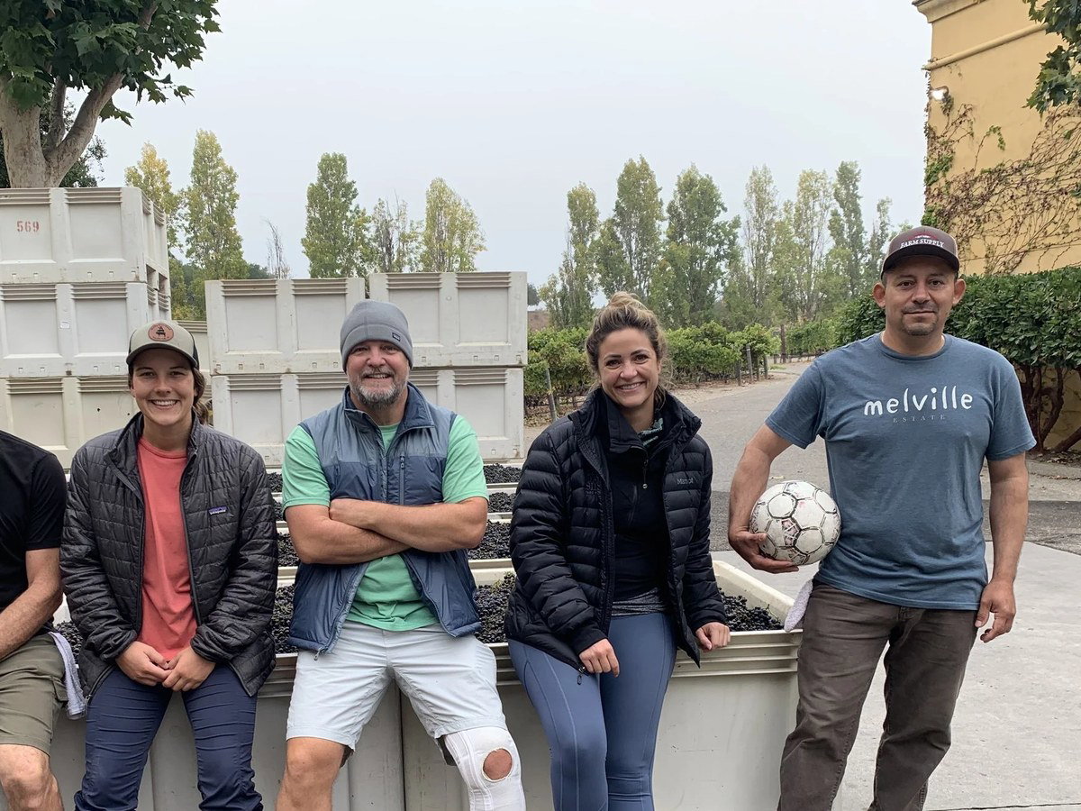 Five people in work attire standing in front of white bins filled with harvested grapes at a winery; the source page explicitly attests this is Chad M