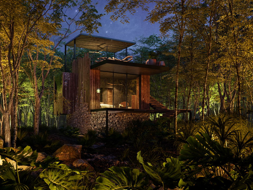 A modern two-story canopy lodge structure with wood and stone cladding, large glass windows, and a rooftop terrace, set within a lush jungle forest at