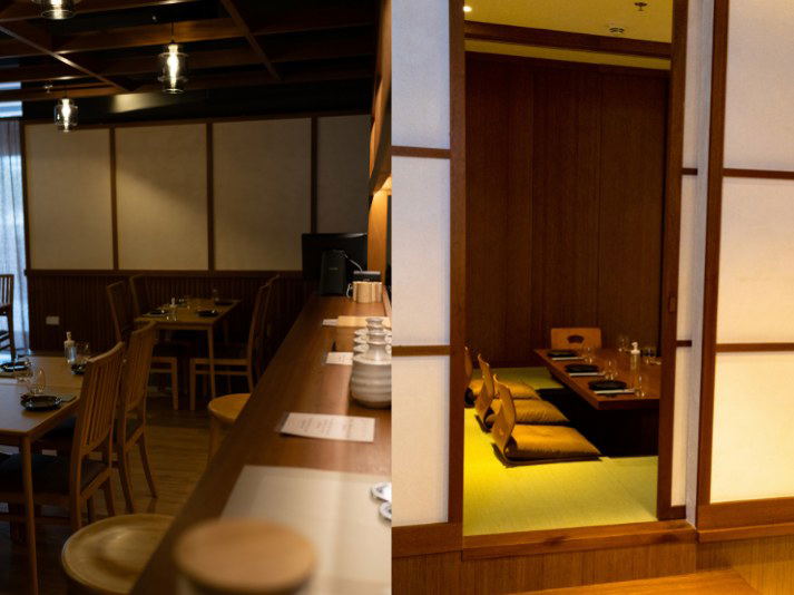 Interior of Kinoya ramen restaurant in The Greens, Dubai, featuring a counter bar and a traditional tatami private dining room.