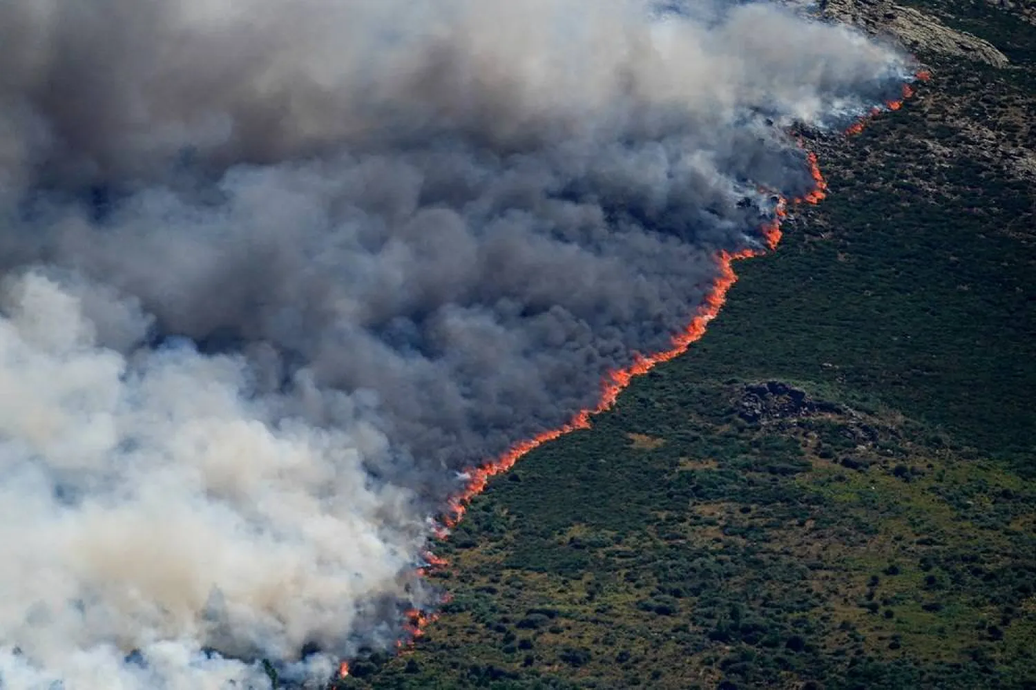 An aerial view captures a wildfire with a long line of bright orange flames and thick gray smoke spreading across a dark green, forested mountainside.