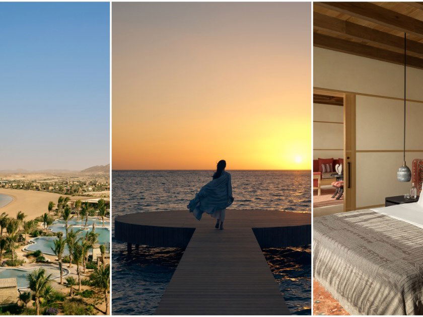 A three-panel composite image shows a luxury resort: a wide shot of a beach with pools and palm trees, a person on a pier at sunset, and a modern