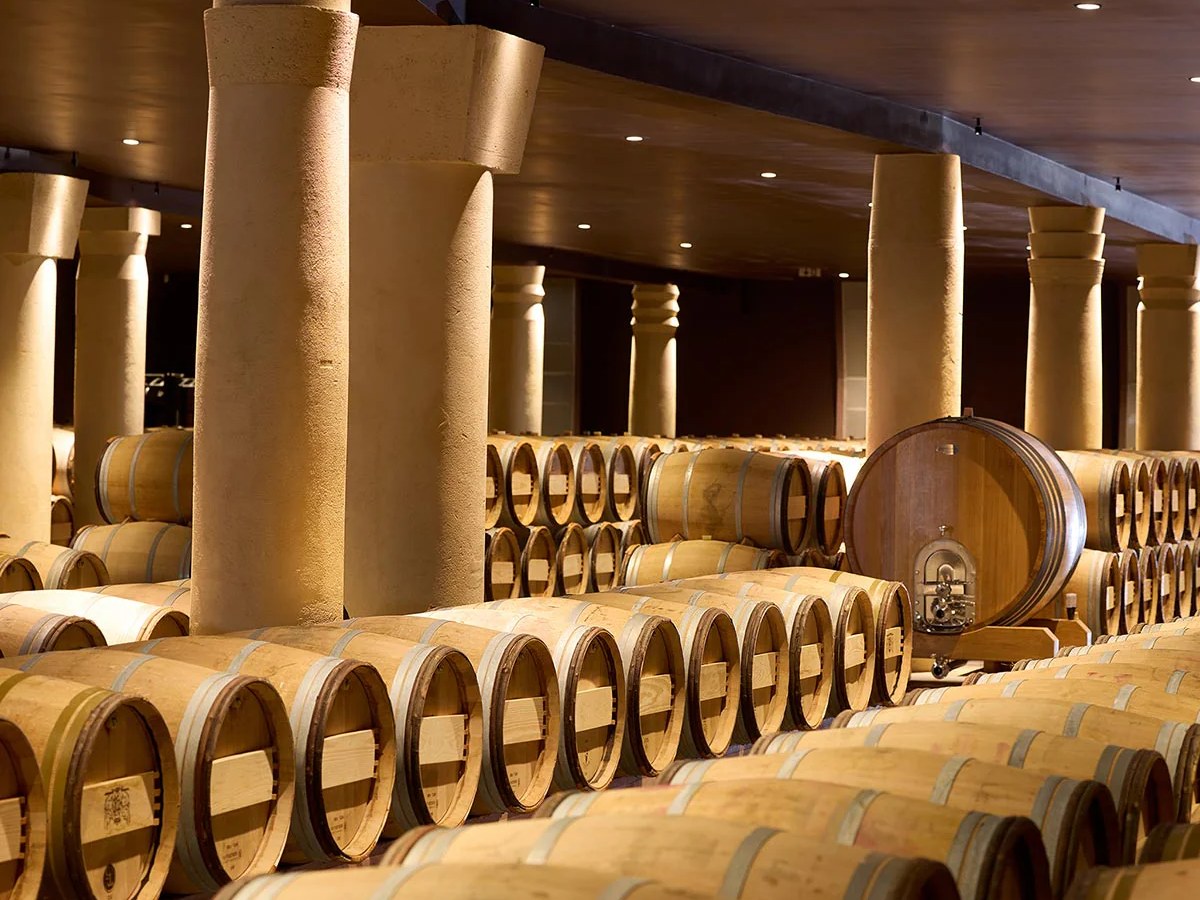 Rows of oak wine barrels stretch into the distance in a dimly lit cellar, with large stone columns supporting the ceiling and a prominent foudre in