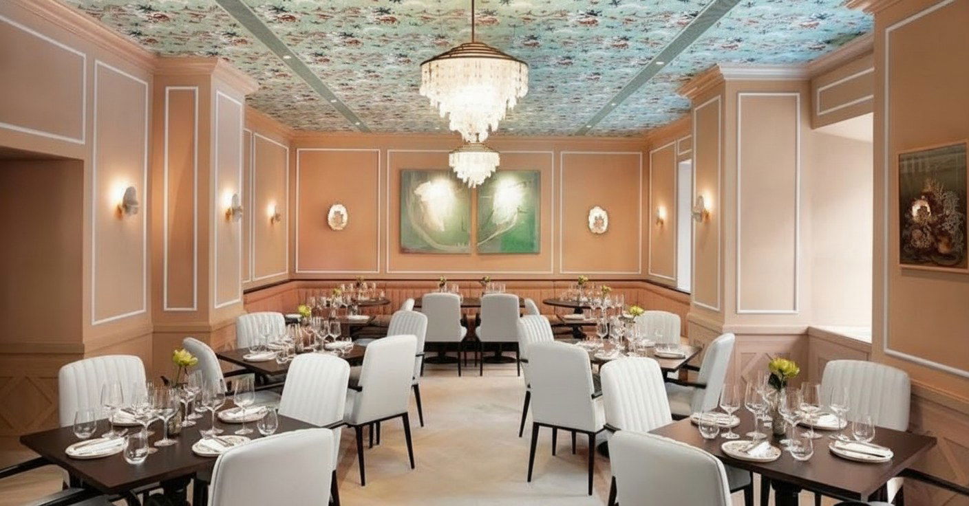 A dining room at Stradomska 12 with light brown walls, white chairs, and tables set with glasses and plates. Two chandeliers hang from a patterned