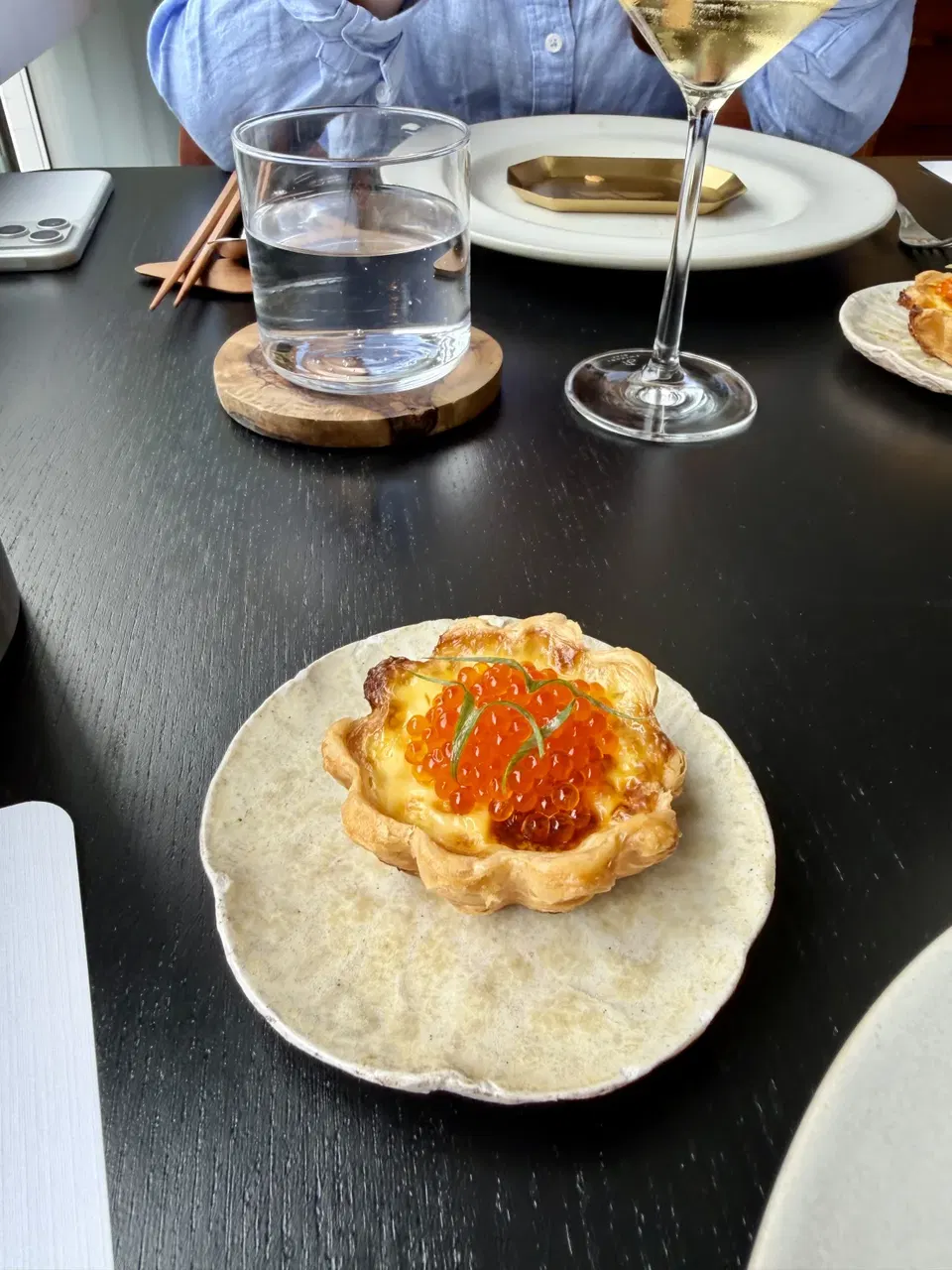 Egg custard tart topped with bonito and trout roe