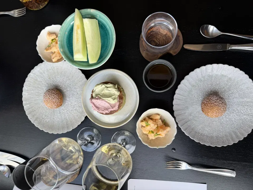 Dessert spread with mango cream puffs, melon sorbet and canary melon