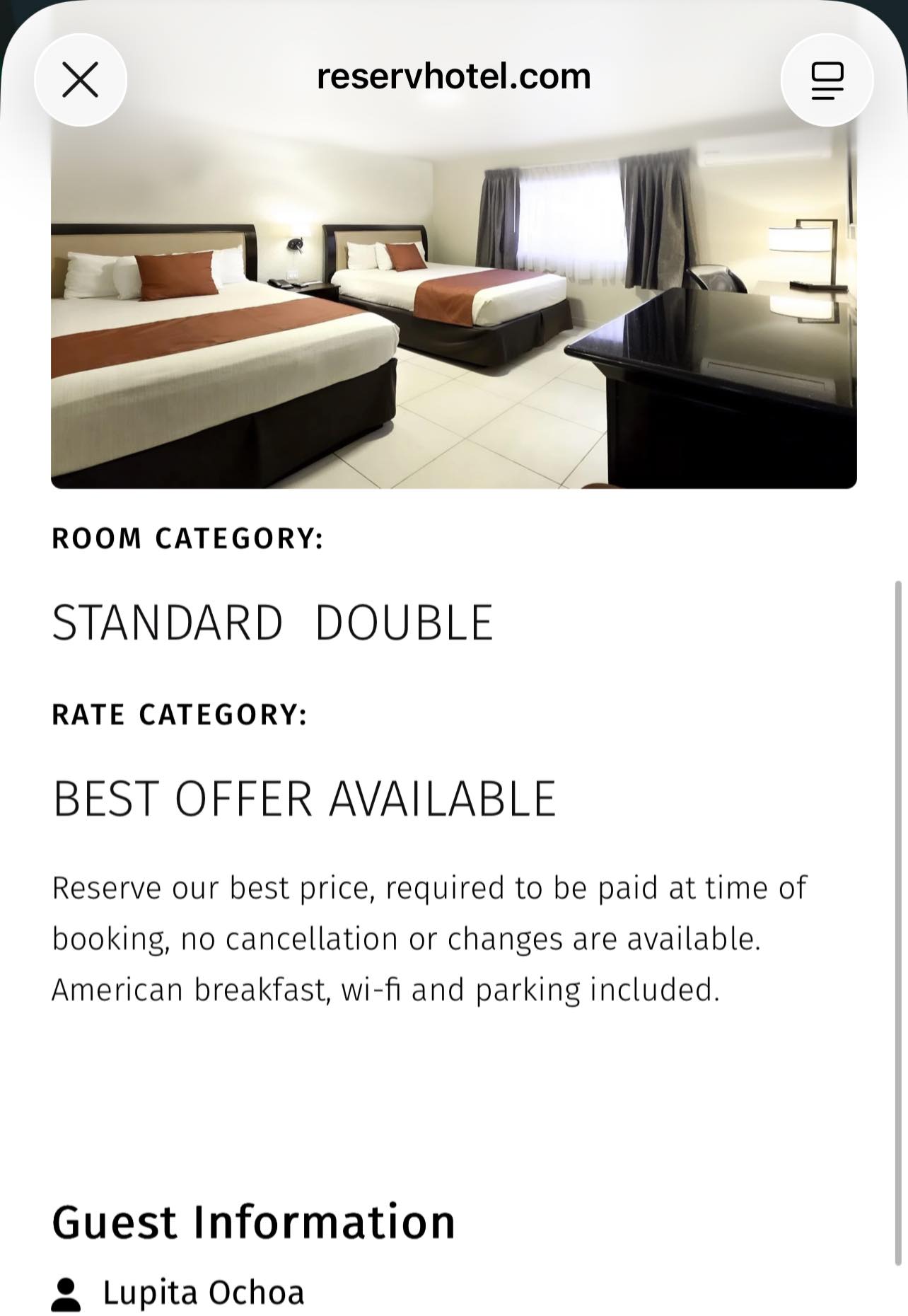 Booking and Pricing Information details a standard double room with two beds.
