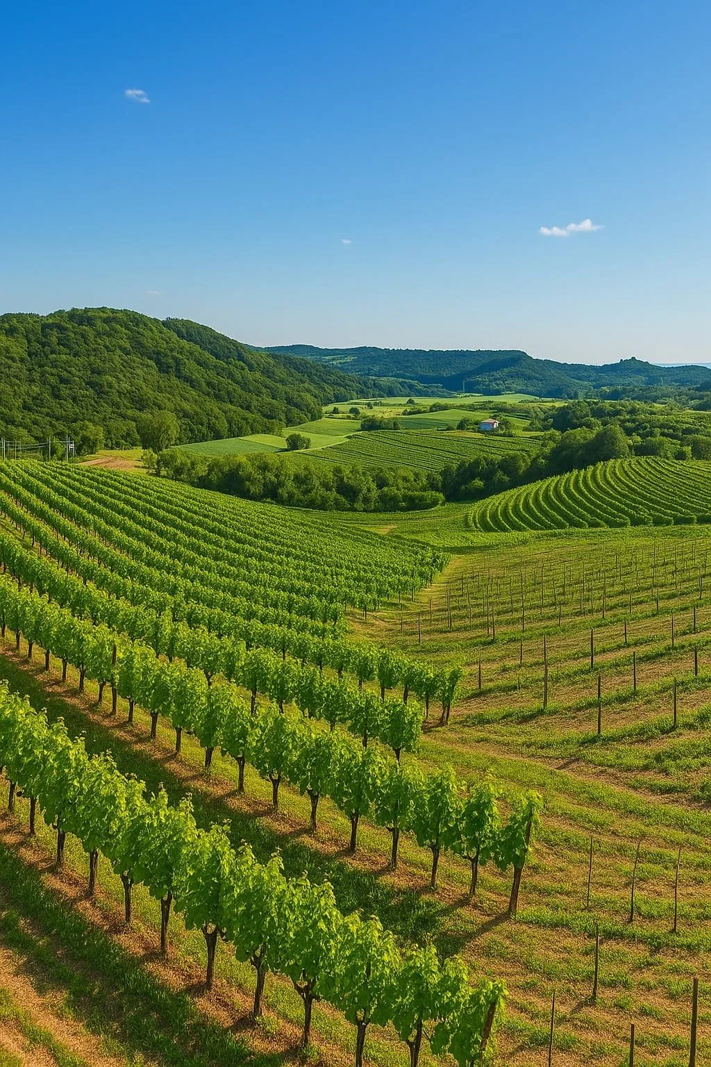 A vast vineyard stretches across rolling hills under a clear blue sky, with rows of green grapevines extending into the distance.