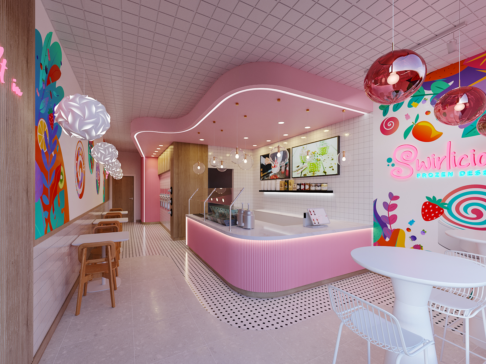 Dessert features vibrant, colorful murals depicting fruits and candies on its walls.