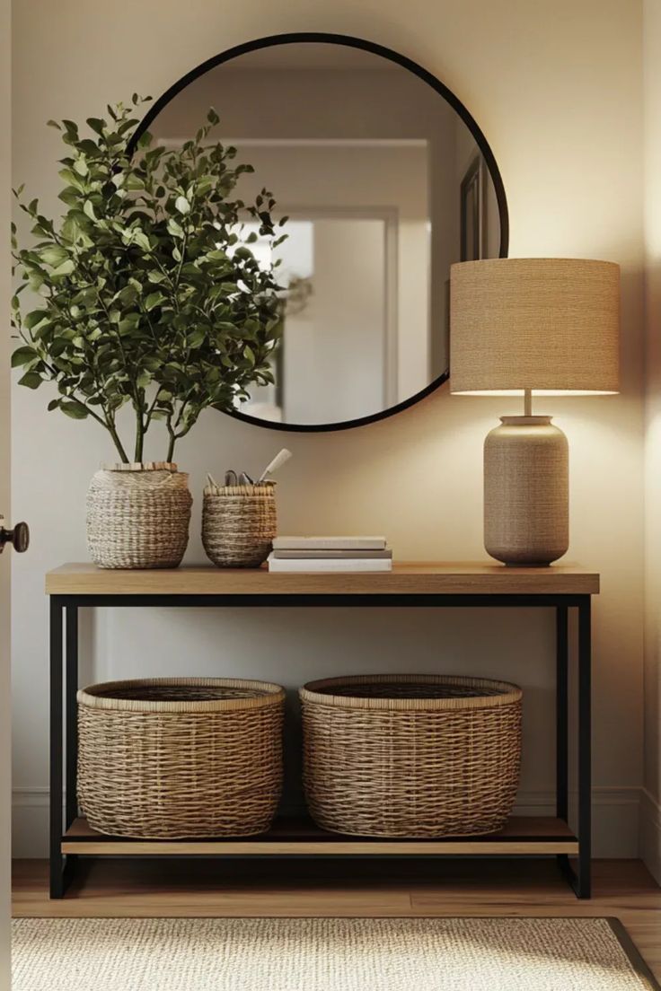 Entrees features a prominent round mirror with a sleek black frame.