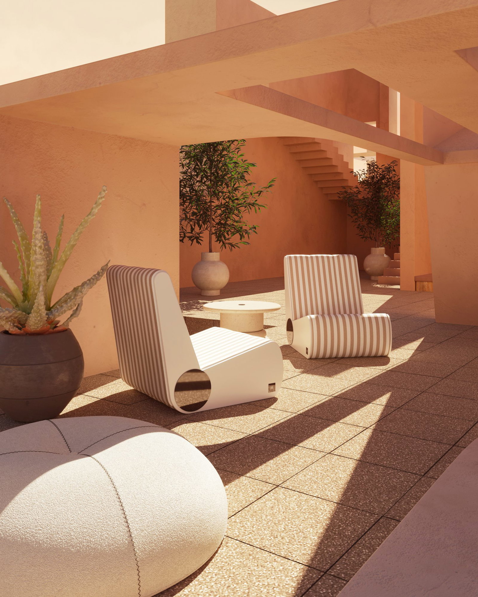 Location, featuring distinctive striped chairs on its sunlit patio.