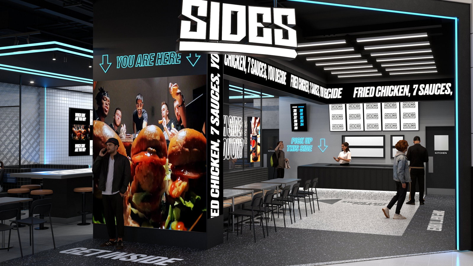 Sides features bright blue neon lights illuminating its modern interior.