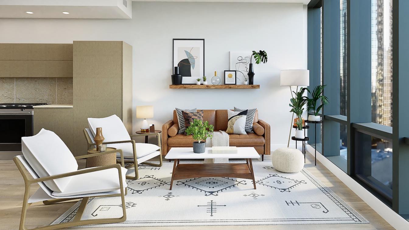 Starters showcases a striking white rug adorned with black geometric patterns.