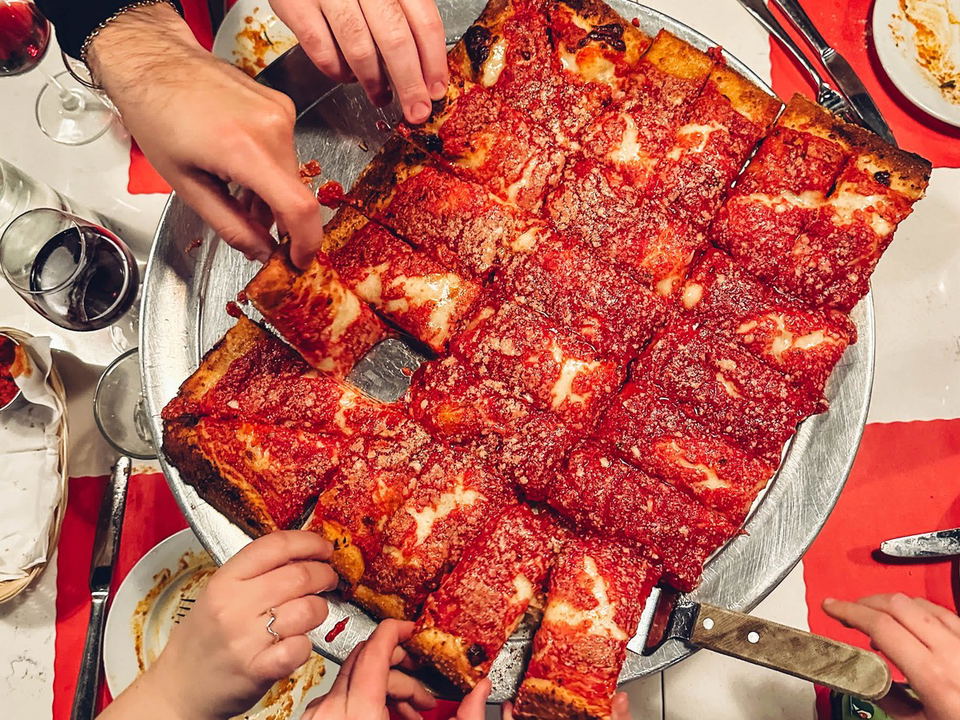 L&B Spumoni Gardens' Sicilian square slice: a pilgrimage for Brooklyn pizza lovers.