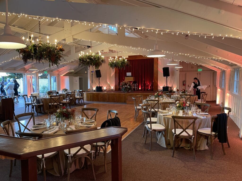 Mission Ranch Restaurant offers a warm, inviting ambiance with twinkling string lights across the ceiling.