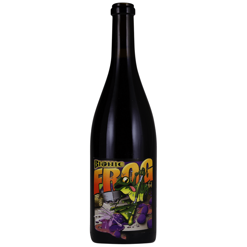 A wine bottle with a colorful cartoon frog label reading 'Bionic Frog' on a dark background