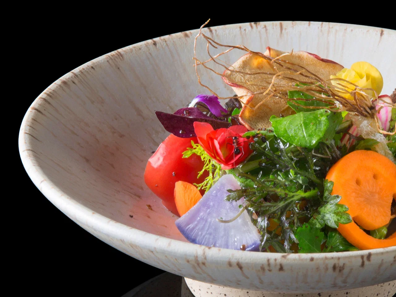 A vibrant, colorful salad is presented in a light-colored, textured bowl, featuring various greens, red tomatoes, orange carrots, and purple radish