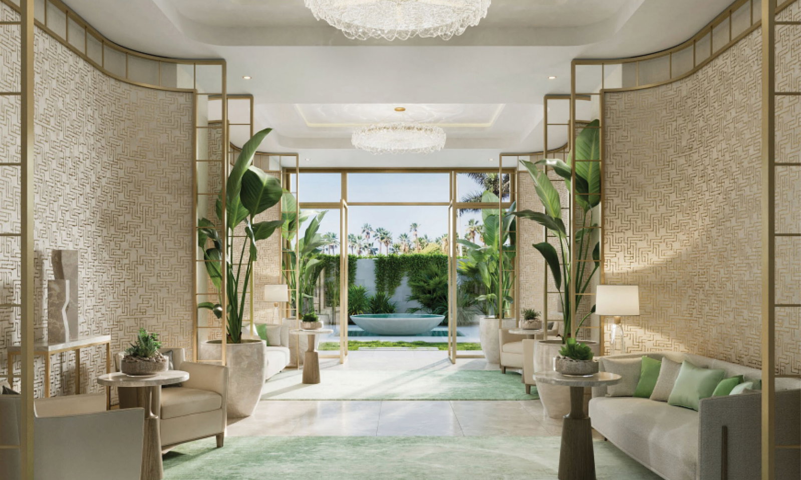 Wellness and Facilities feature elegant gold patterned walls, enhancing the luxurious atmosphere.