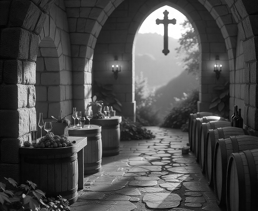 History and Terroir, with rows of wooden barrels lining the ancient stone pathway.
