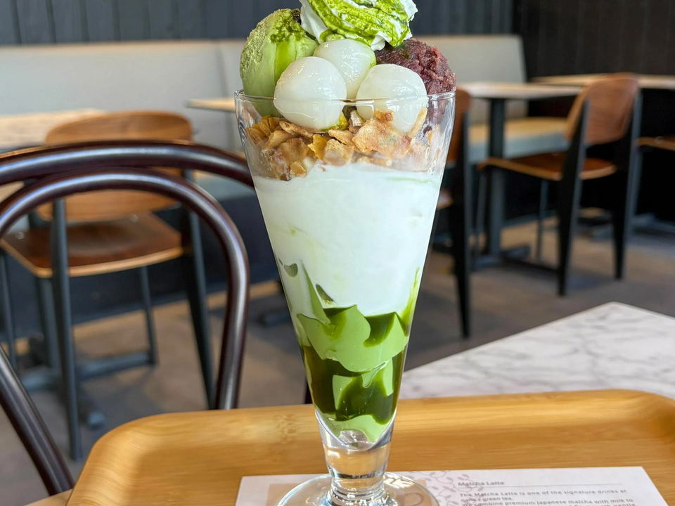 Nana's Green Tea (Pasadena) offers a delightful layered matcha parfait with soft serve, mochi, and red bean.