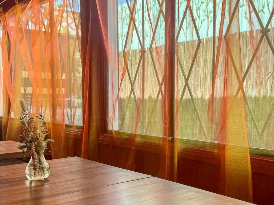 Seedy's dining room features wood tables and colorful sheer curtains filtering sunlight.