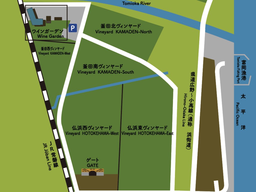 A stylized map of Tomioka Winery, showing its vineyards, the Tomioka River, a wine garden, and Tomioka Station.
