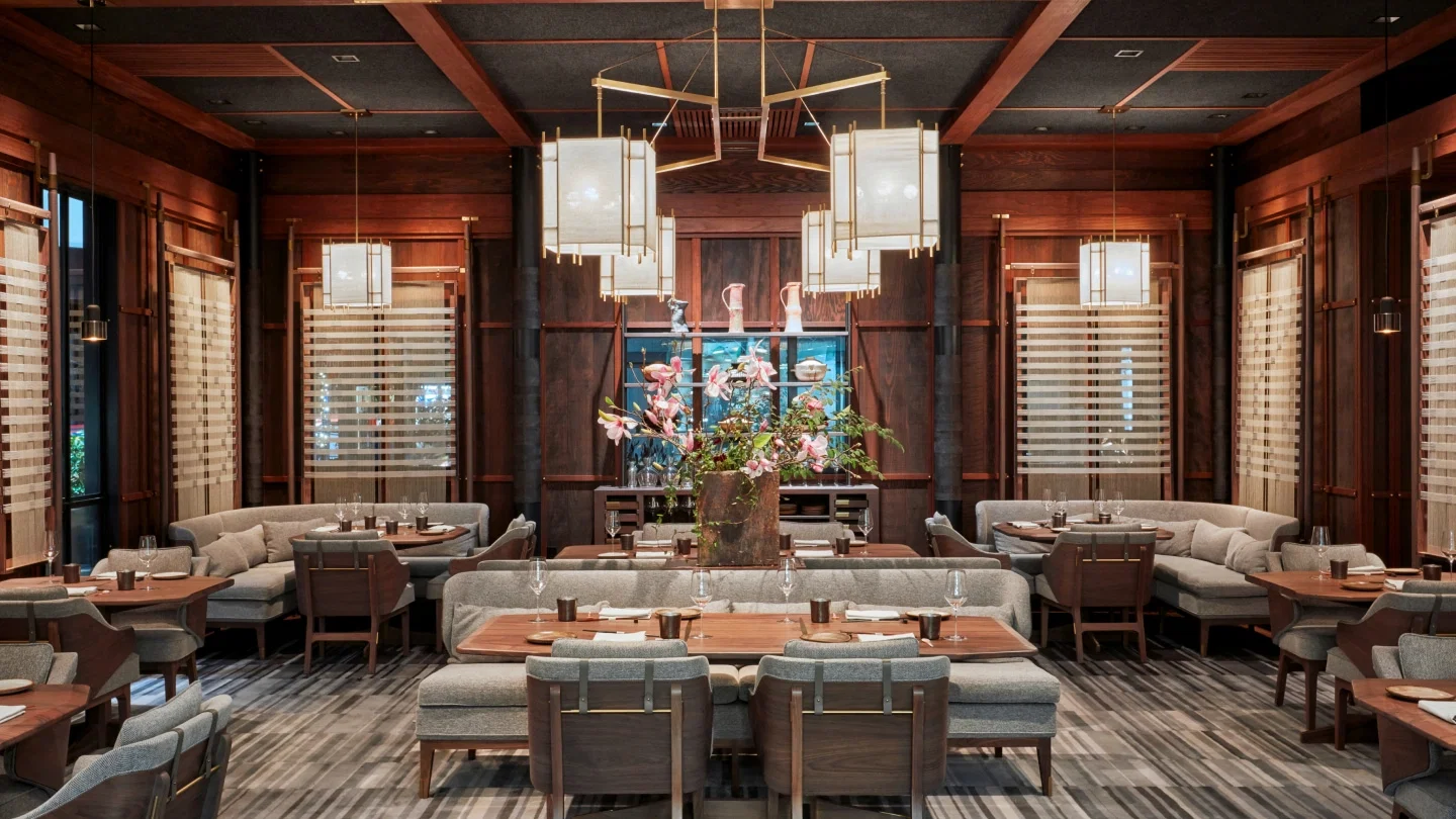 4. SingleThread, Healdsburg features a serene dining space defined by its rich, dark wood paneling.