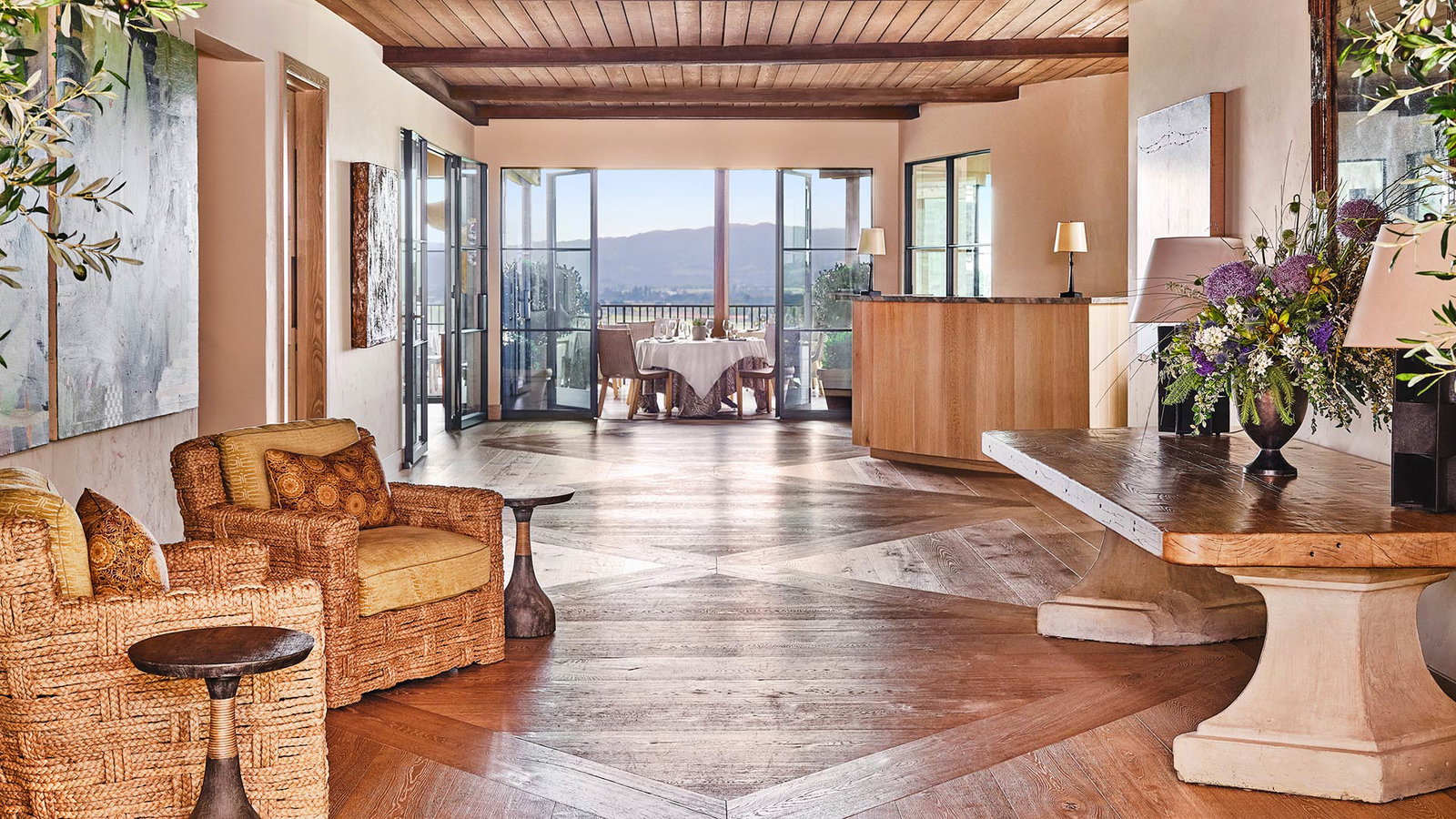6. Auberge du Soleil, Rutherford showcases a distinctive geometric pattern on its polished wooden floor.
