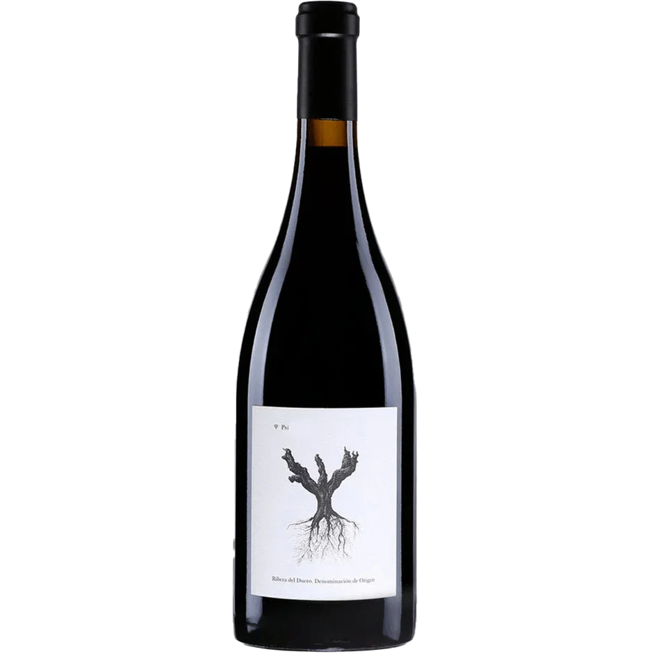 Bottle of red wine with a label featuring a tree illustration.