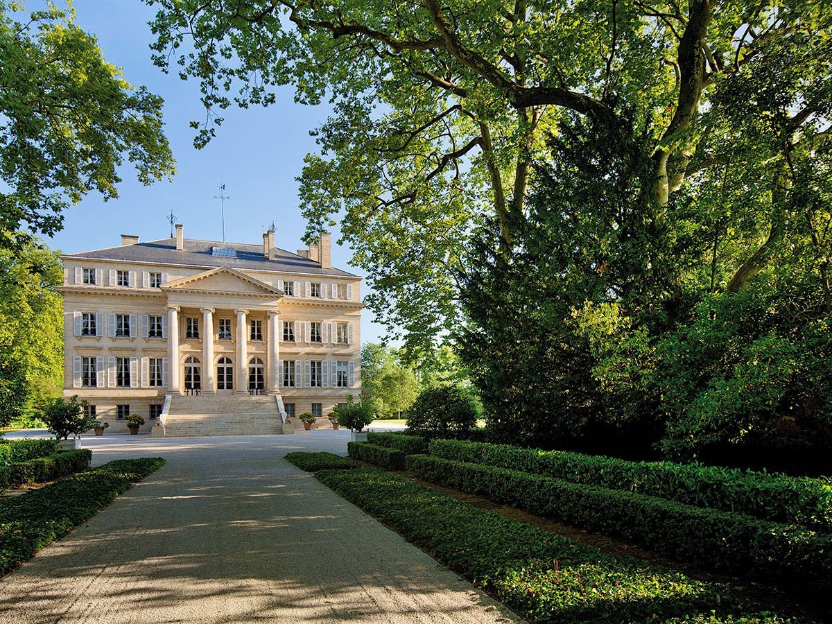 A Médoc First Growth estate with a classical façade framed by a long tree-lined allée under a clear sky.