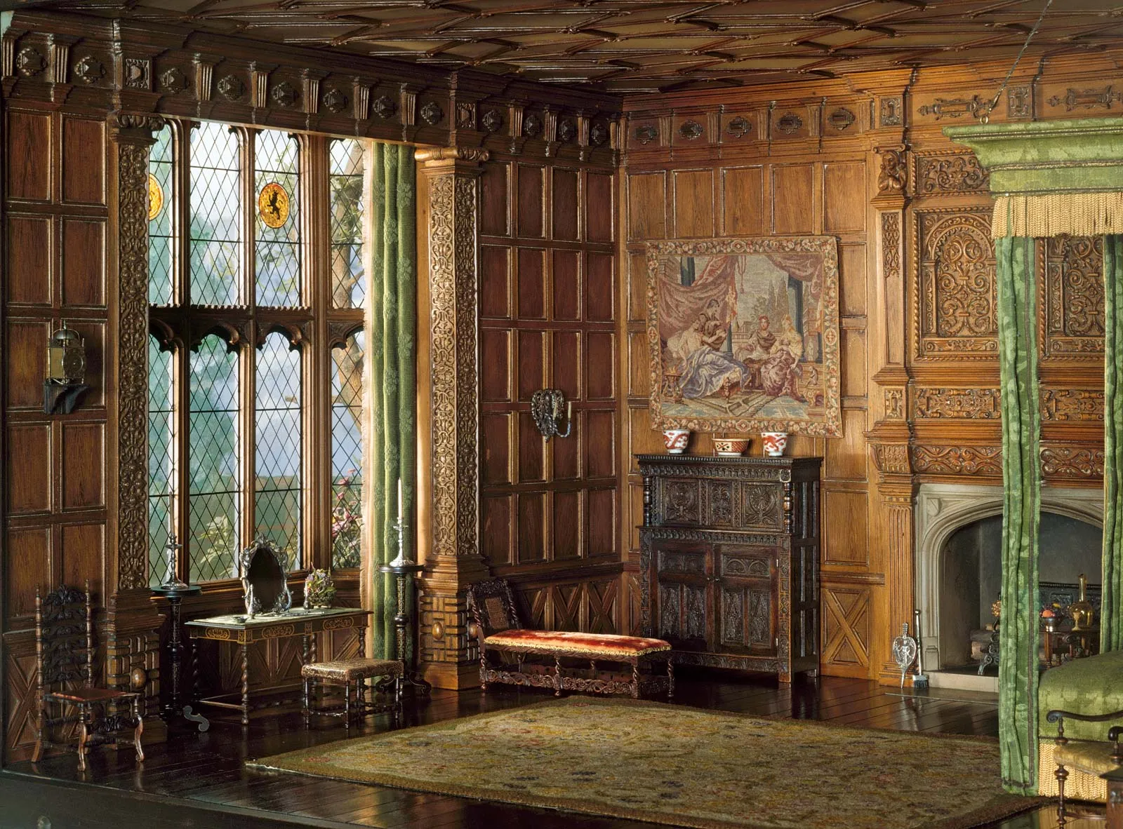 The History features intricate dark wood paneling covering the walls and ceiling.