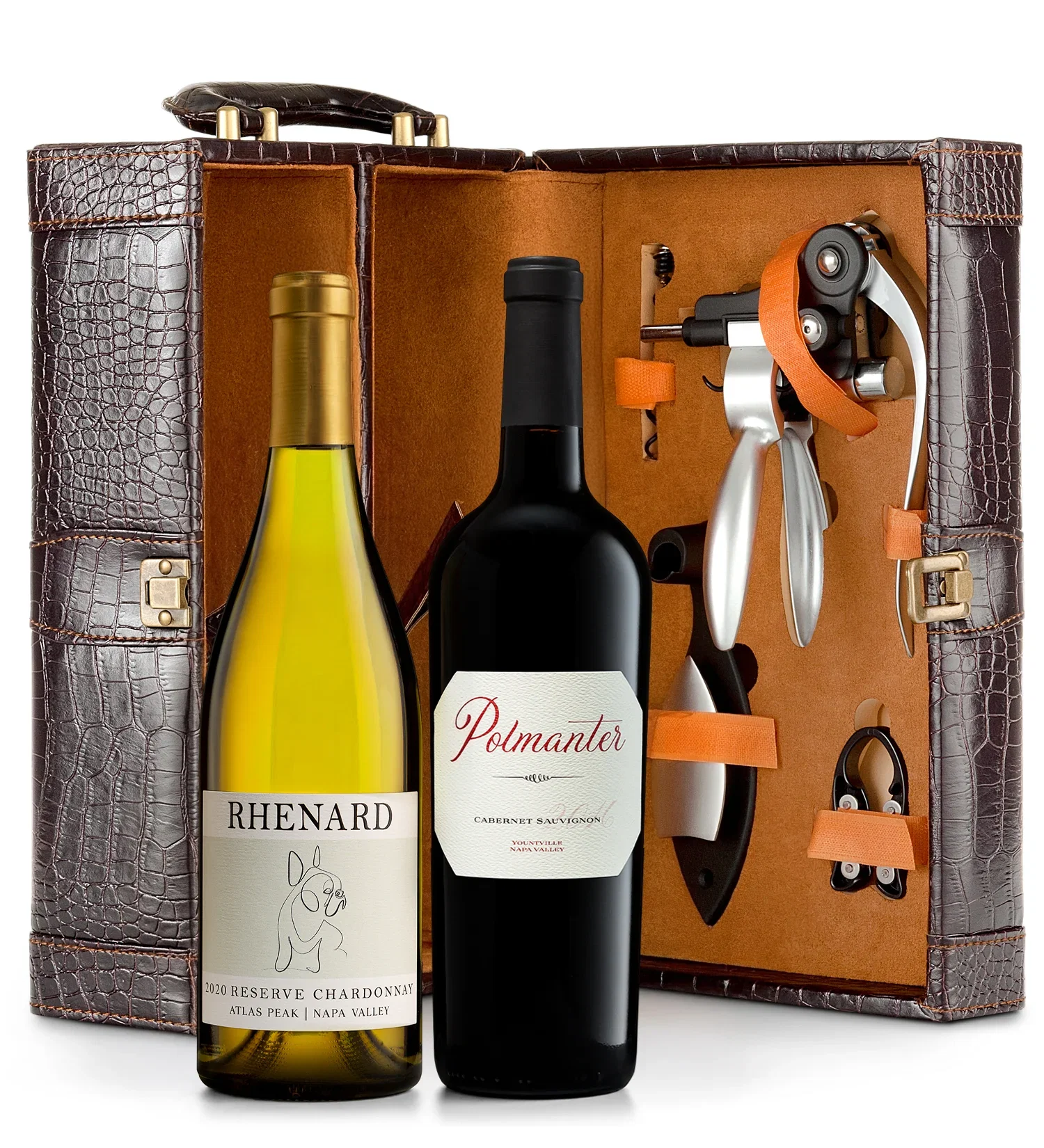 Signature Wines: Cabernet Sauvignon and Chardonnay, presented in a case with a distinct alligator texture.