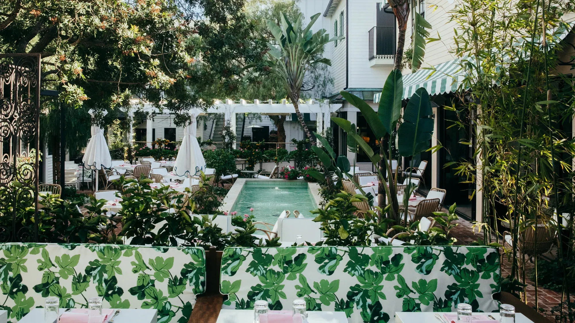 A rectangular pool in a white-walled courtyard surrounded by tropical plants, lounge chairs, dining tables with green leaf-patterned linens, and a pergola structure.