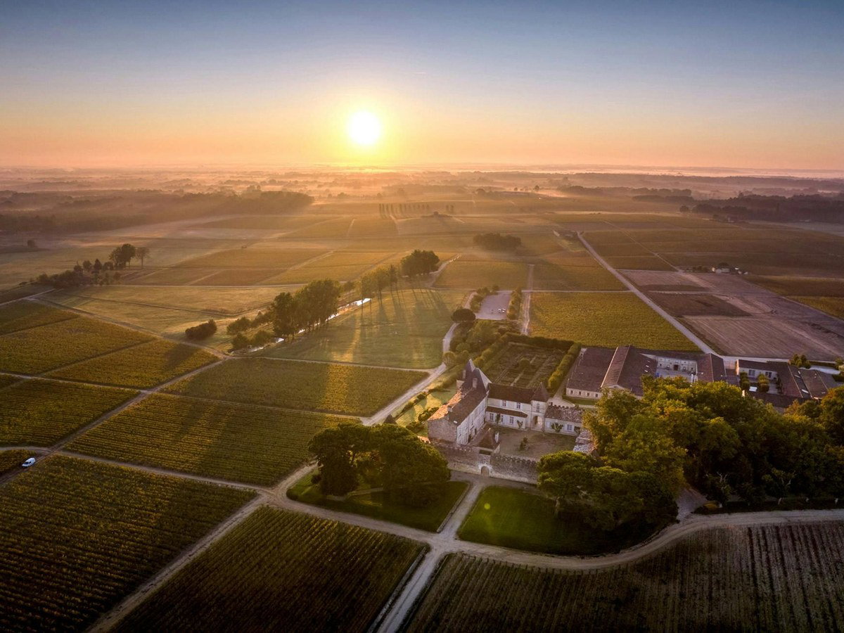 An aerial view of the Château d'Yquem estate at sunrise, with a historic building surrounded by vast, misty vineyards.