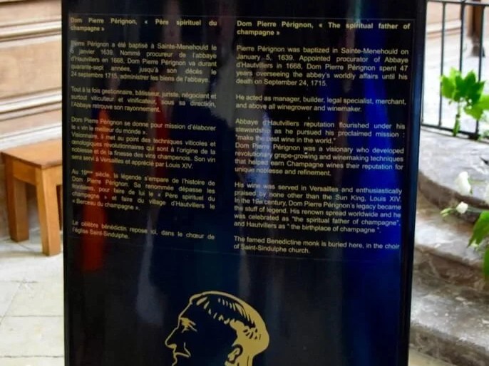 DOM PIERRE PÉRIGNON: A stele in Hautvillers' Abbey Church, honoring the monk and his legacy.