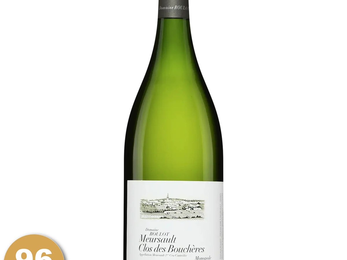 A bottle of Domaine Roulot Meursault 1er Cru Clos des Bouchères white wine, with a '96 Points' badge in the bottom left corner.