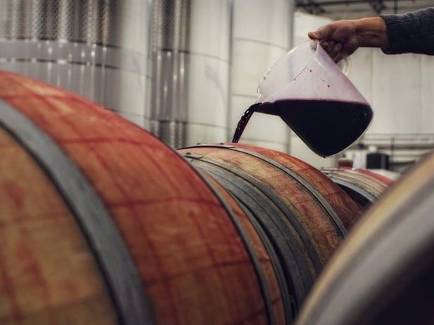 Bordeaux En Primeur: Deep red wine is poured into an oak barrel, a key step in the aging process.