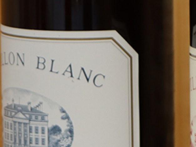 Three dark wine bottles with cream labels reading "LLON BLANC", "LLON ROUGE", and "TEAU MARGAUX" on a wooden shelf.