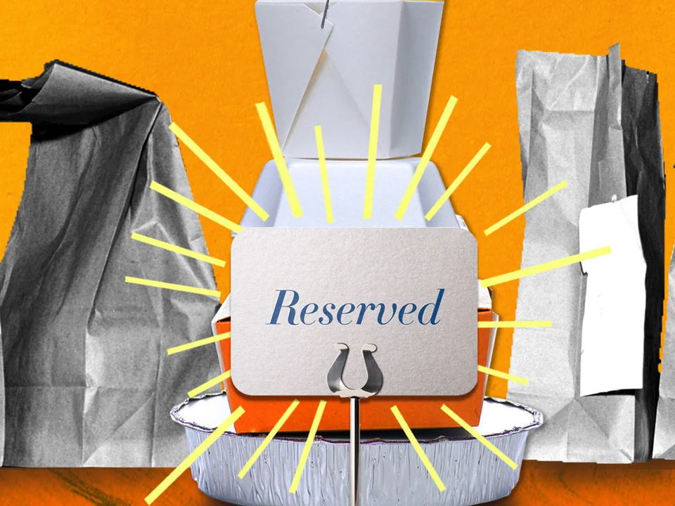 Reserved sign with takeout containers and paper bags on an orange background.