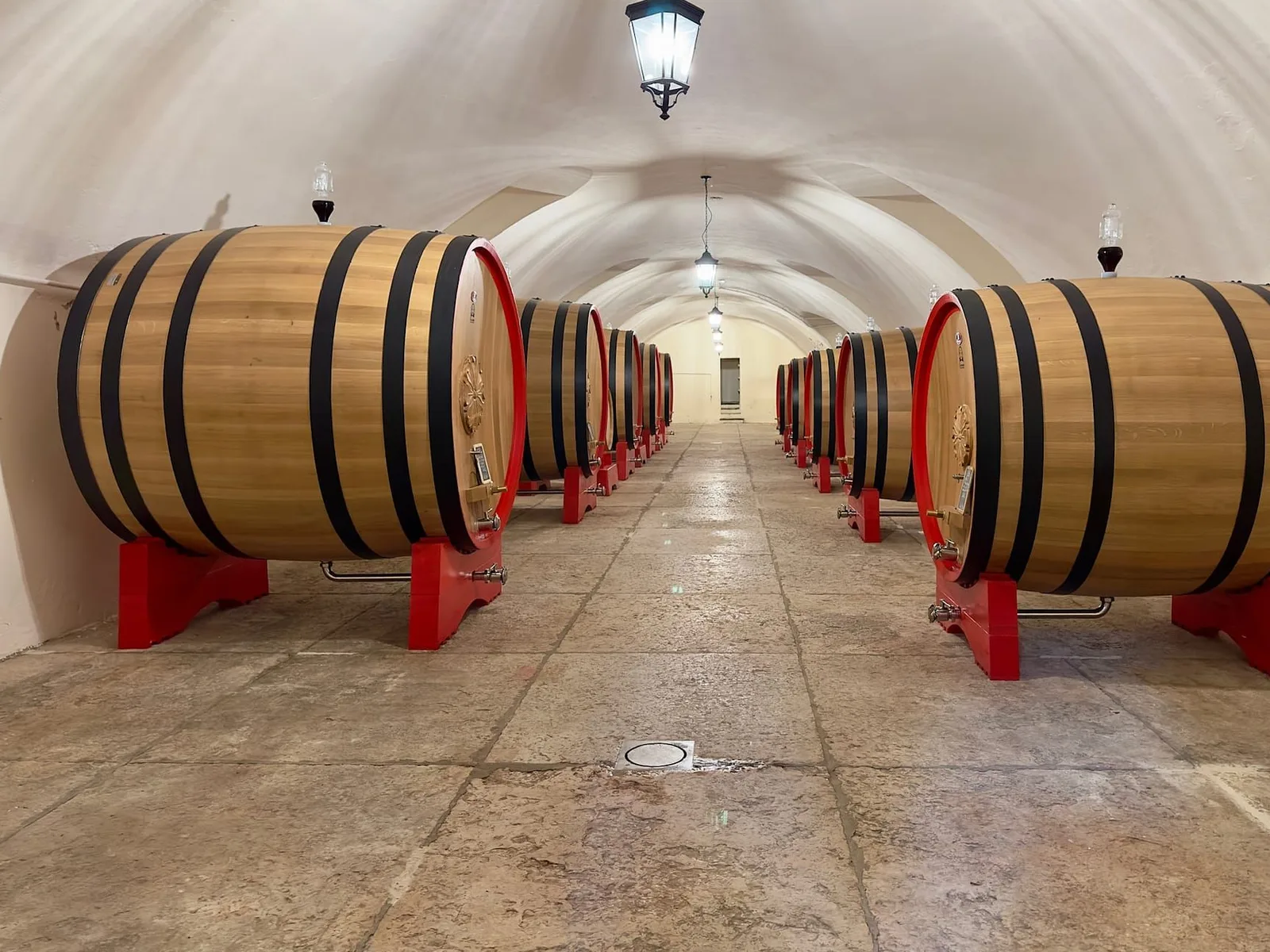 A long, vaulted cellar with rows of large wooden wine barrels on red stands, illuminated by hanging lanterns.