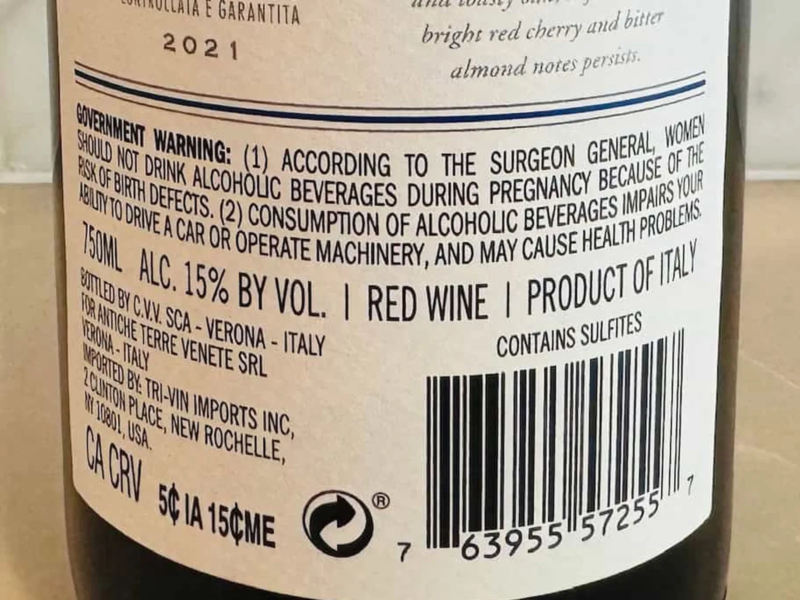Tutela Amarone della Valpolicella 2021 wine bottle label with text and barcode.