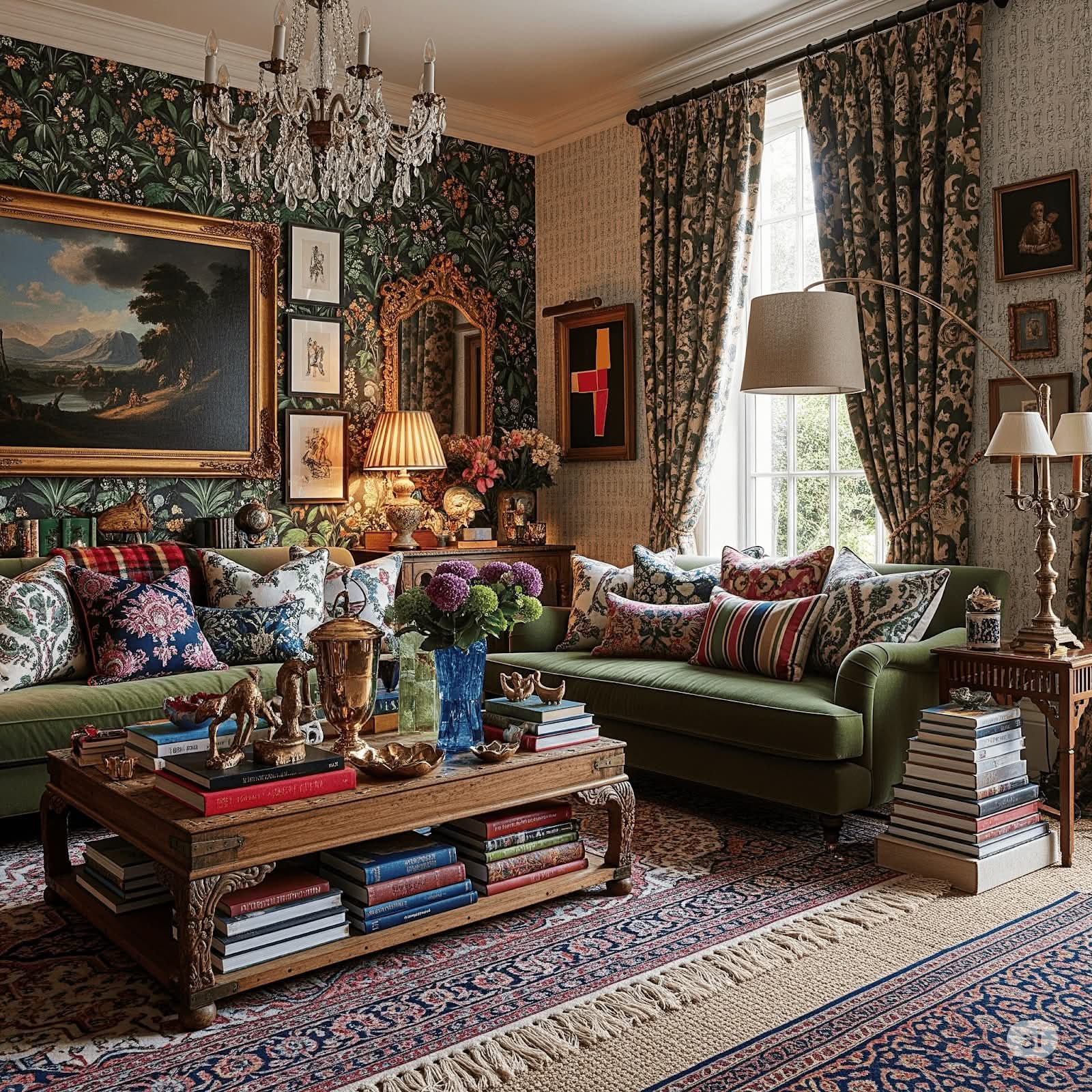 Costs and Practical Details, featuring a vibrant, dark floral wallpaper throughout the room.