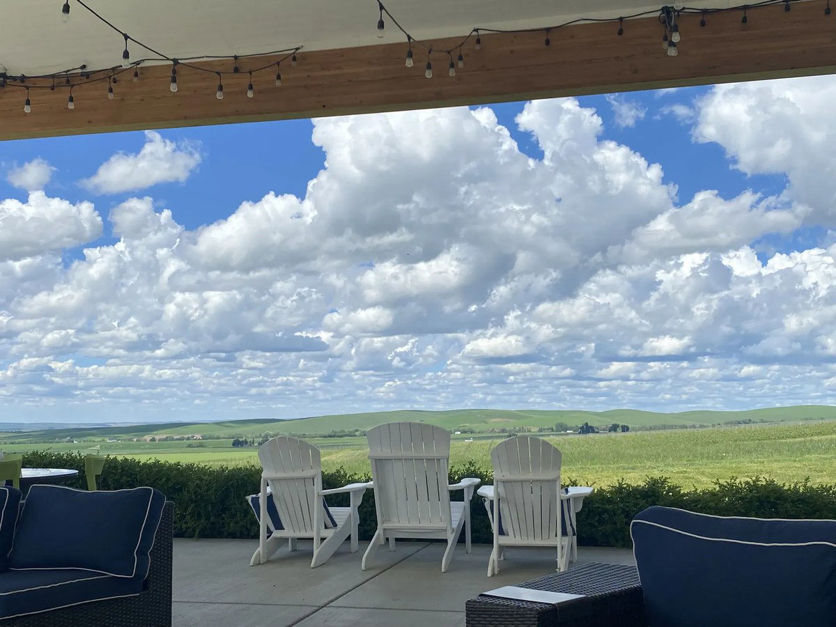 Three white Adirondack chairs on a patio overlooking rolling green hills and vineyards under a dramatic sky with large white clouds.